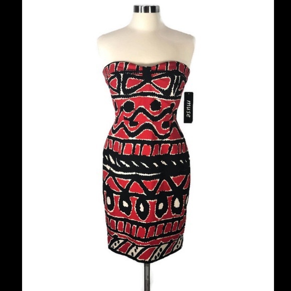 Muse Red Printed Strapless Dress - Picture 5 of 5